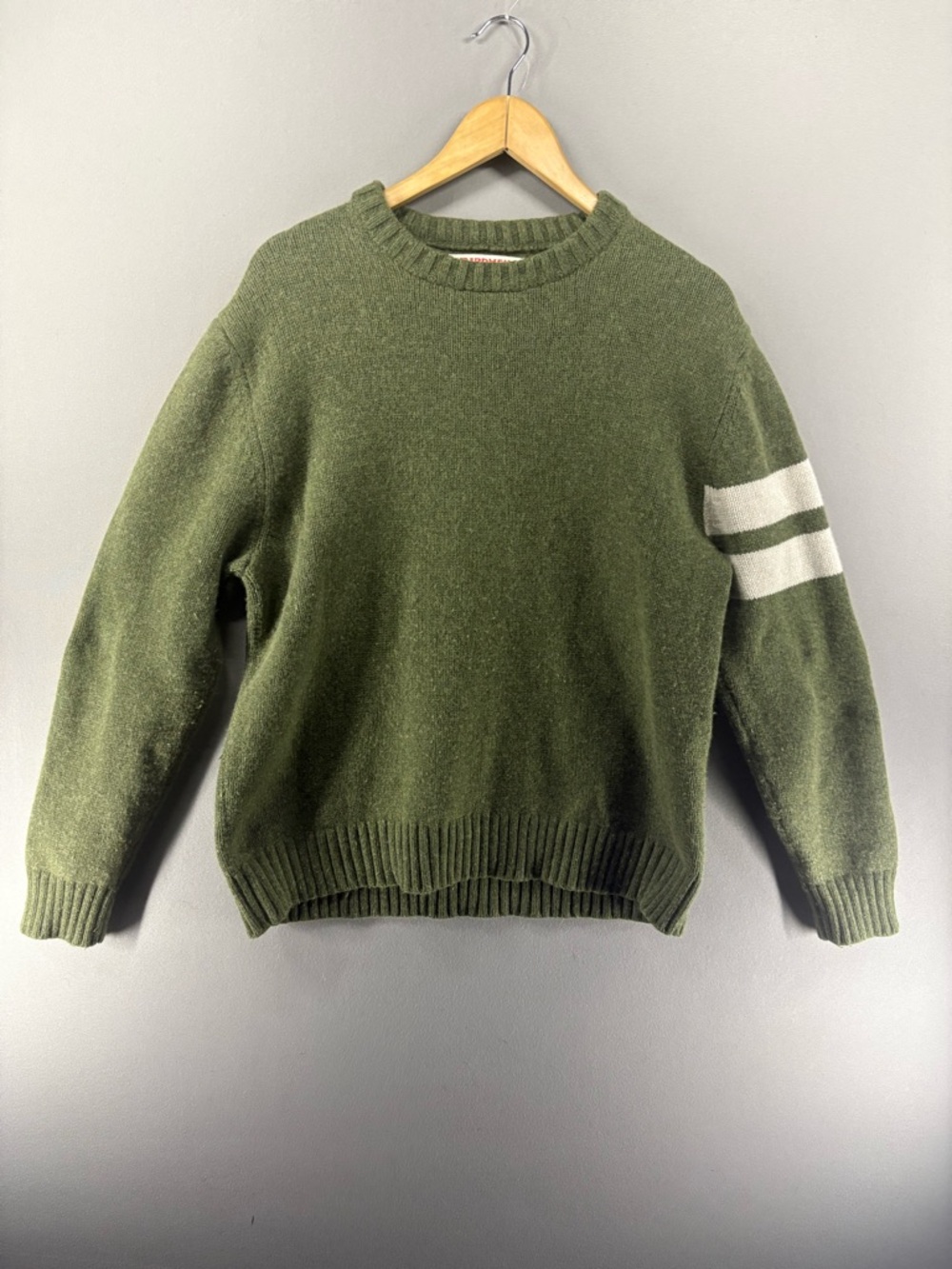 BIRDWELL Green Olive Chunky Knit Merino Wool Comp Stripe Sweater Men's Medium